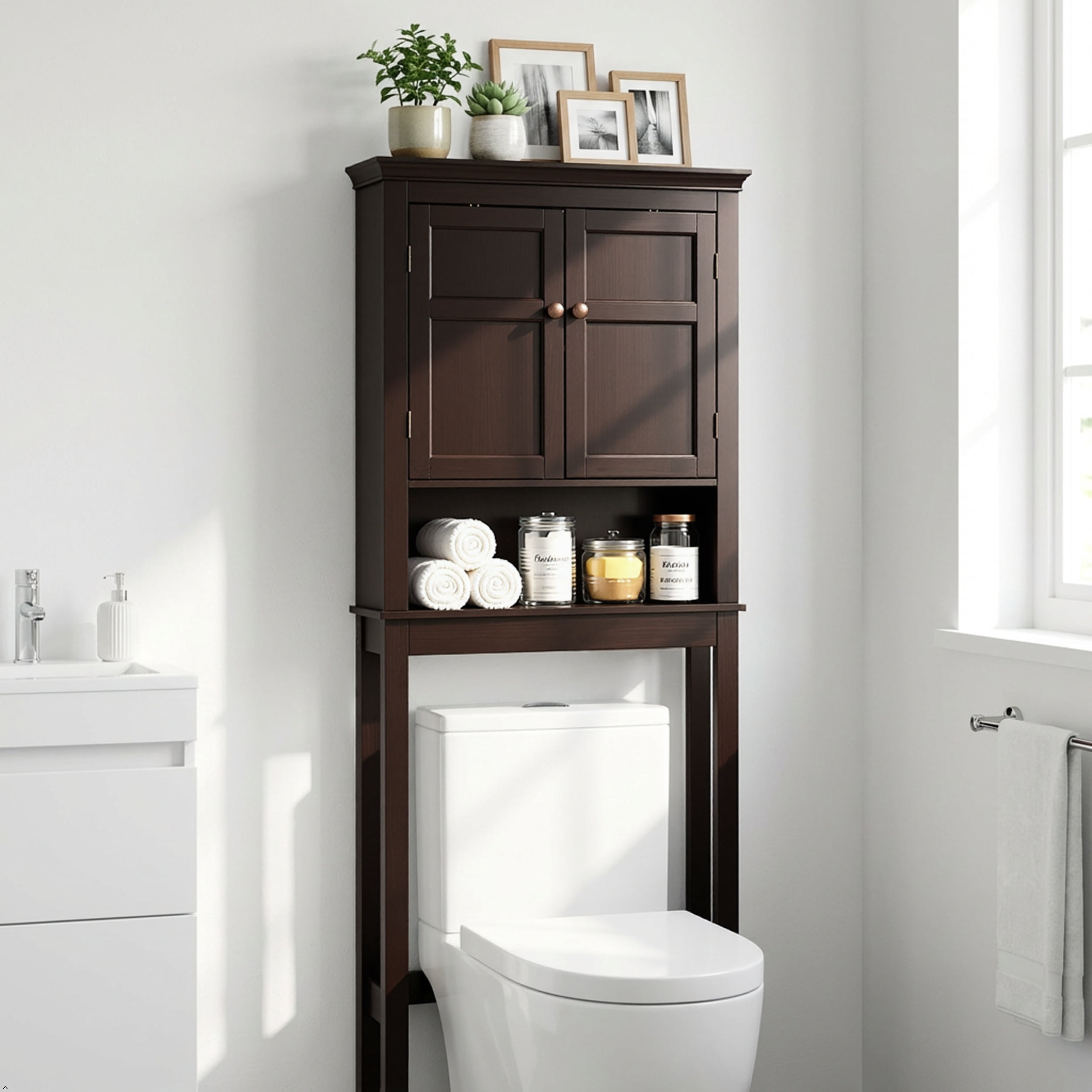 STAROUS Bathroom Storage Over The Toilet, Bathroom Cabinet Organizer with Adjustable Shelves, Bathroom Space Saver for Bathroom, Espresso
