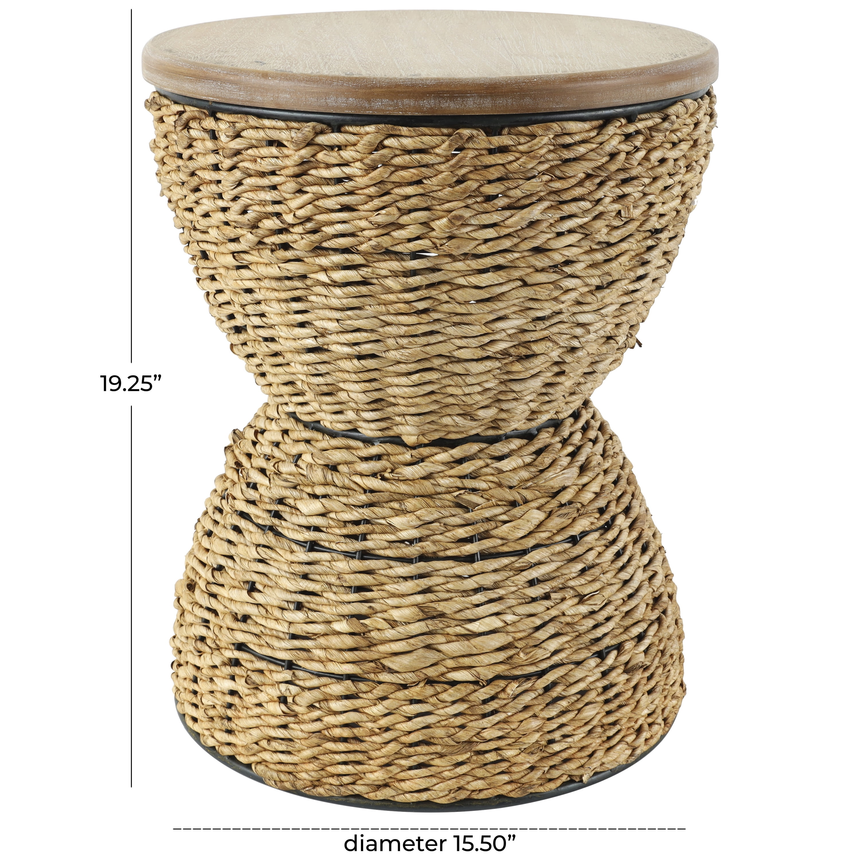 DecMode Rattan Handmade Woven Stool with Wood Tabletop and Black Frame, Brown