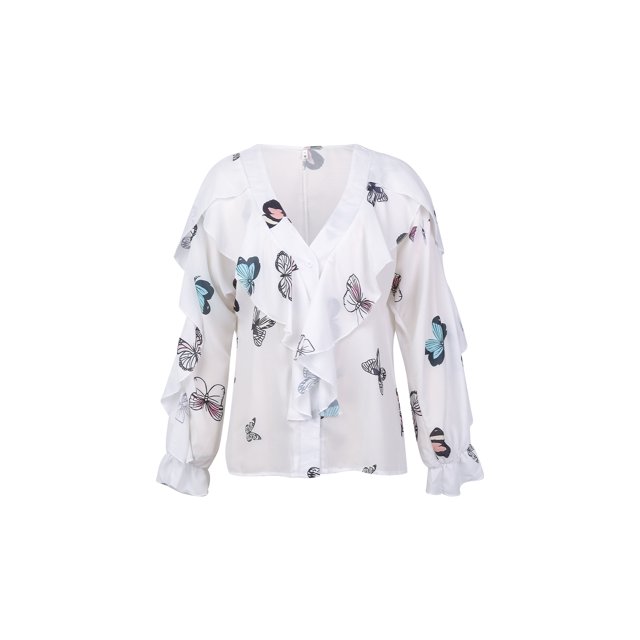 Gupgi Women Button-down Ruffle Shirt, Adults Solid Color/Letter/Butterfly/Plant Print V-neck Long Sleeve Blouse
