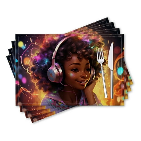 

BaHomeck placemats Set of 4 rectangle Linen Cotton Placemats for Dining Table Washable Heat Resistant 18*12inch African American Girl With Curly Hair Wearing Headphones