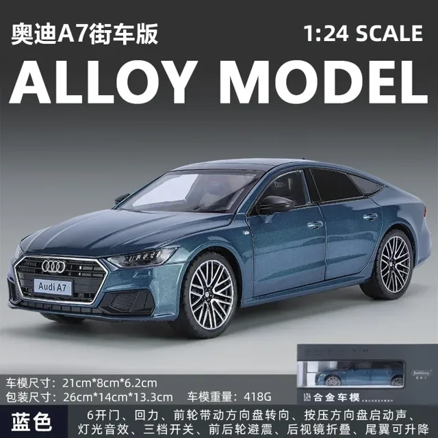 1:24 Audi A7 Toy Car Model Diecast Alloy Vehicle Miniature Pull Back Sound & Light Doors Openable Collection Gift For Boy Kid blue with box
