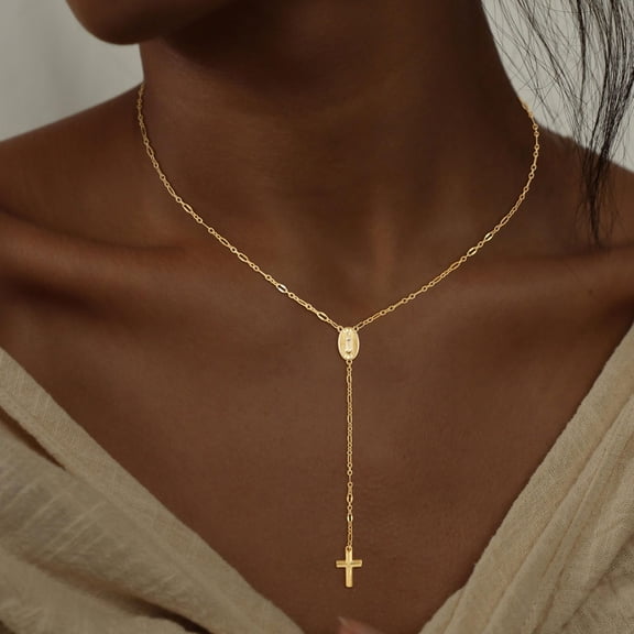 Rosary Virgin Cross Drop Y‑Shaped 14K Gold Filled Necklace for Women, White Rice‑Bead Prayer Neck Chain, Exquisite Fashion Jewelry
