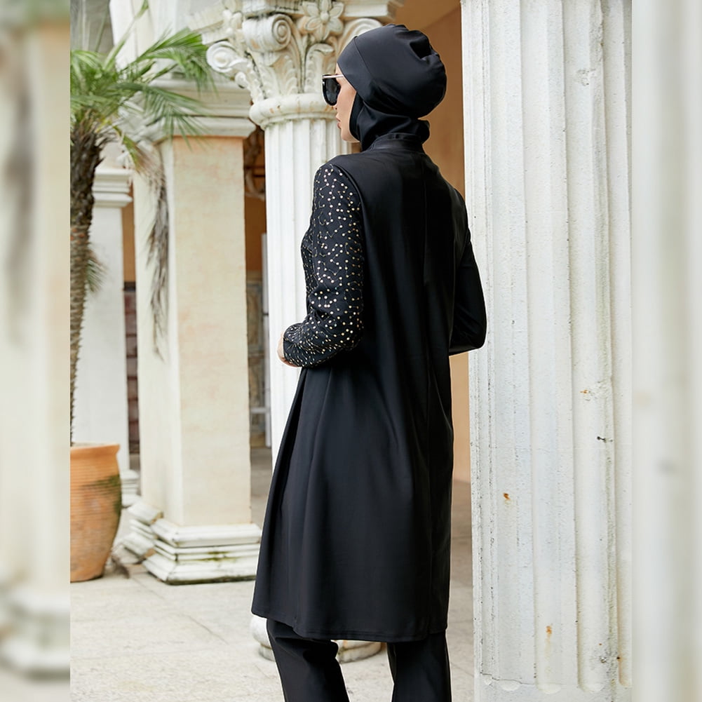 IBTOM CASTLE Muslim Swimsuits for Women Modest Islamic Arabic Swimwear Burkini Full Cover Hijab Top Pants Swimming Cap Bathing Suits S Black Dots