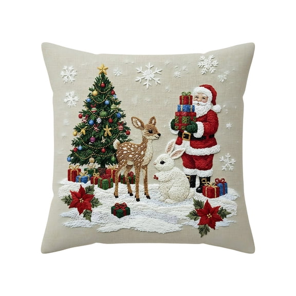 Beautynvta Christmas Pillow Cover, 18x18 Inch, Christmas Tree Santa Claus Reindeer Pattern Decorative Throw Pillow Case, Soft Fabric Holiday Cushion Cover for Sofa Coush Bed Home Decor
