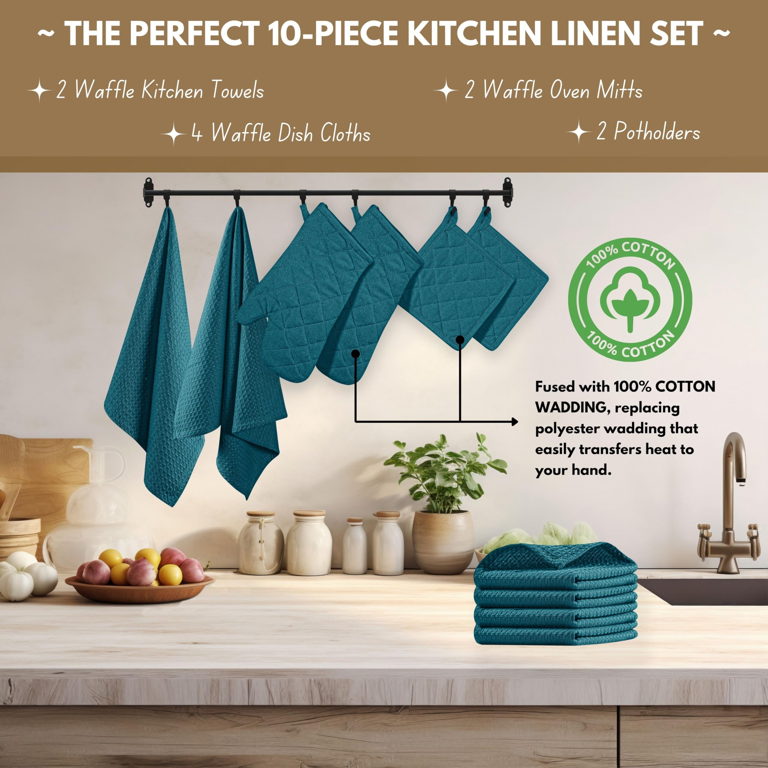 Native Fab 10-Piece Kitchen Set – Includes Oven Mitts, Potholders, Kitchen Towels & Dishcloths, Heat Resistant, 100% Cotton, Durable & Absorbent, Perfect for Cooking, Baking & Everyday Use - Teal