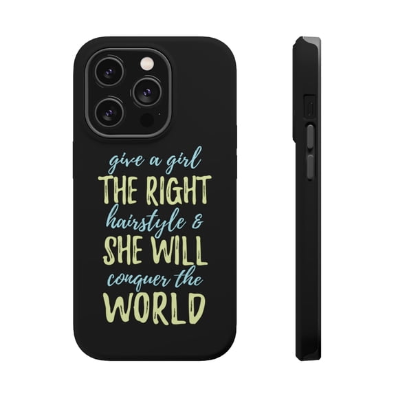 DistinctInk Tough Case for Apple iPhone 15 PRO (6.1" Screen), Compatible with MagSafe Charging - Girls With Right Hairstyle Will Conquer the World