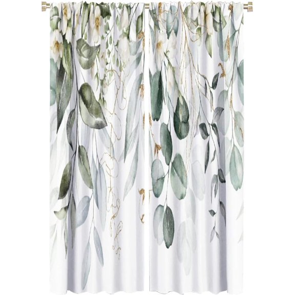 Green Eucalyptus Leave Curtains Watercolor Floral Spring Botanical Blackout Print Rod Pocket Window Drapes for Bedroom Living Room 42x63in