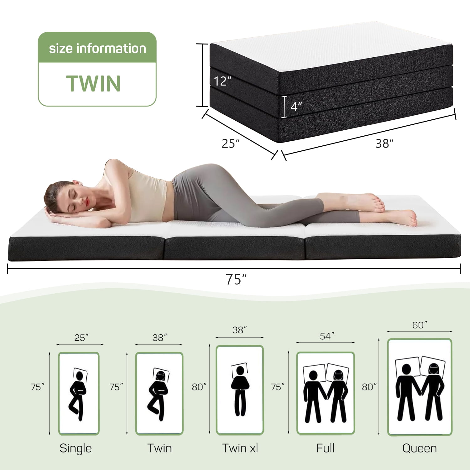 4 inch Foldable Memory Foam Mattress Twin Size, CertiPUR-US Certified - Tri-Fold Design with Removable Cover