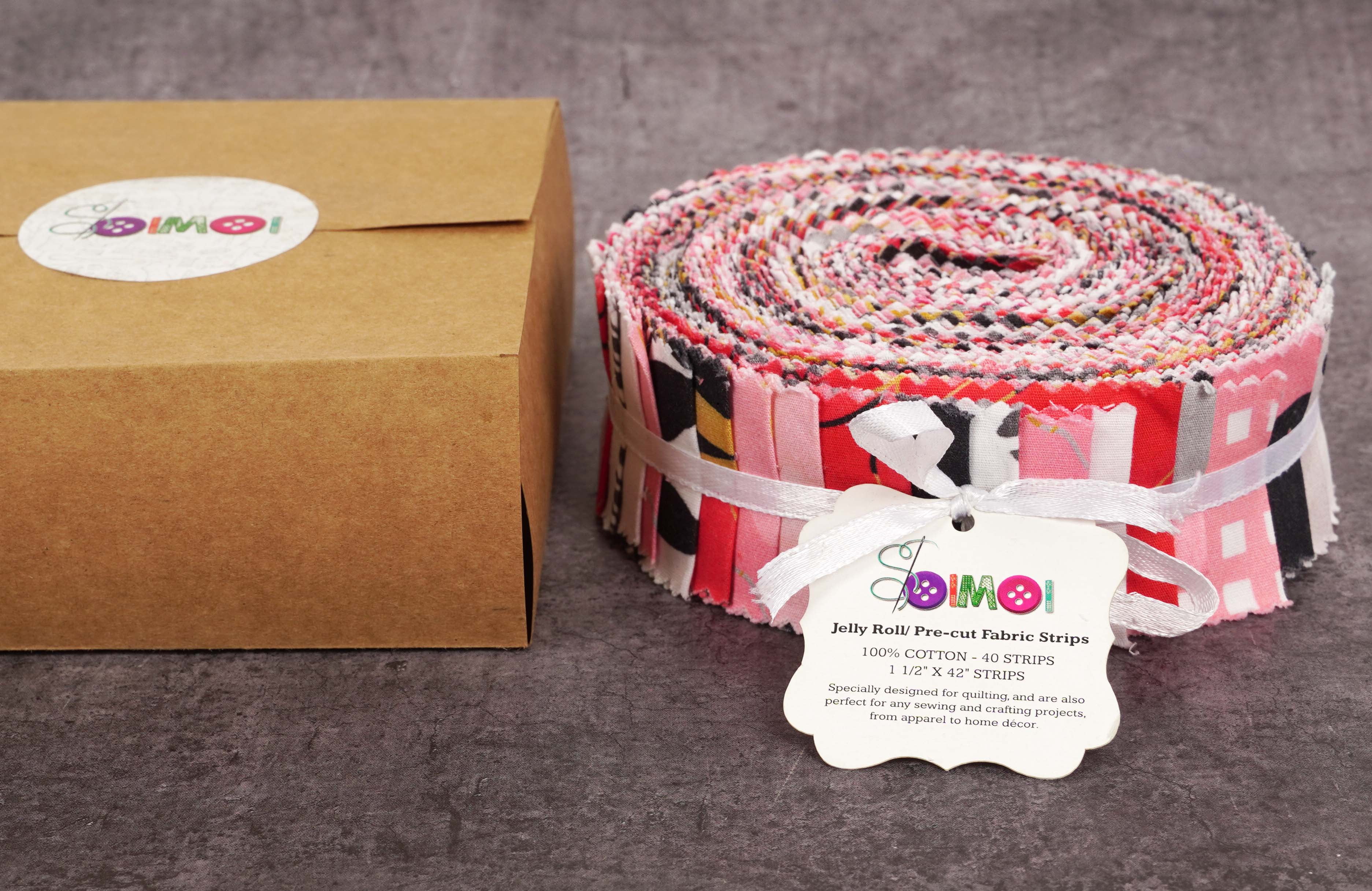 Soimoi 40Pcs Floral Print Precut Fabrics Strips Roll Up 1.5x42inches Cotton Jelly Rolls For Quilting - Pink White & Black