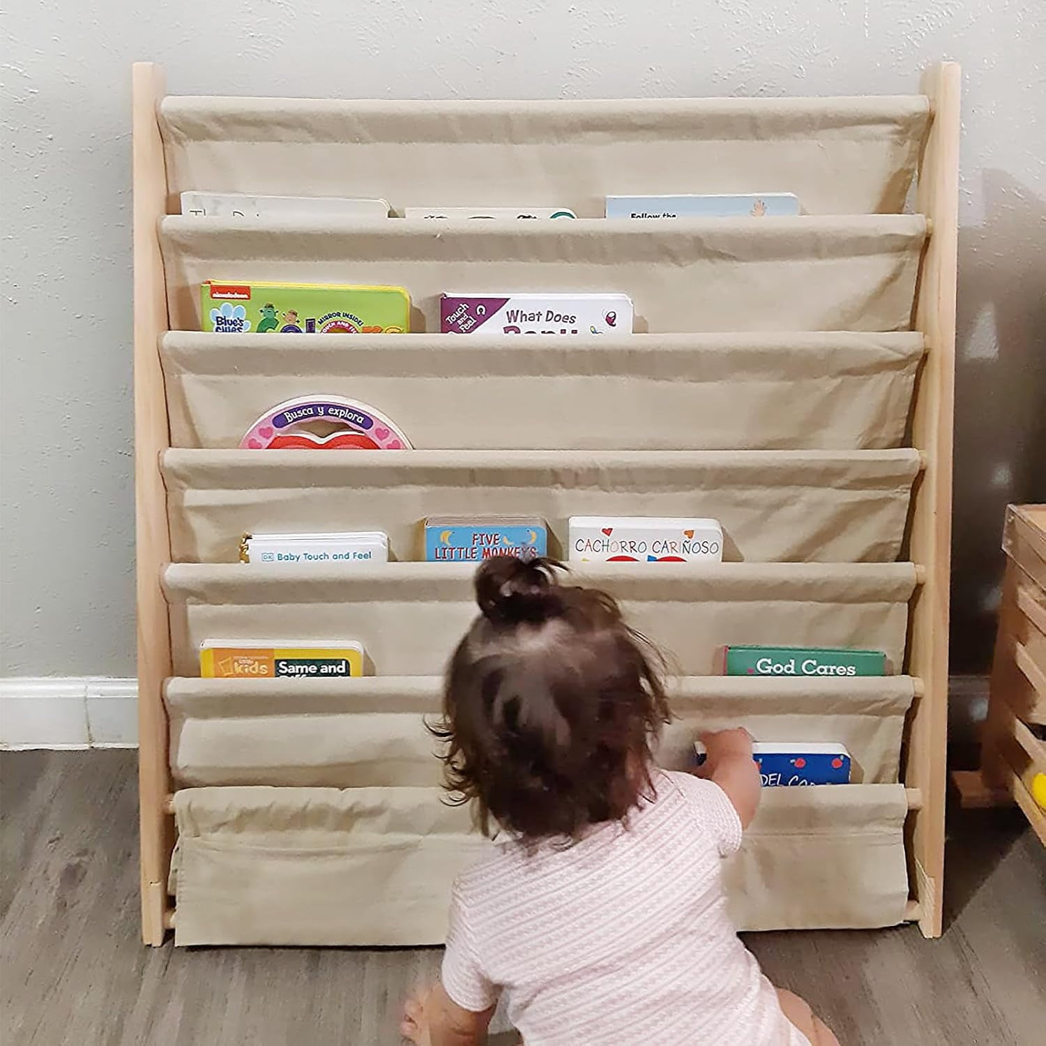 7 Tiers Wooden Kids Book Rack Storage Bookshelf Kids Canvas Sling Bookshelf Natural Beige for Kids Bedroom Playroom 29.5x11.8x31.5inch