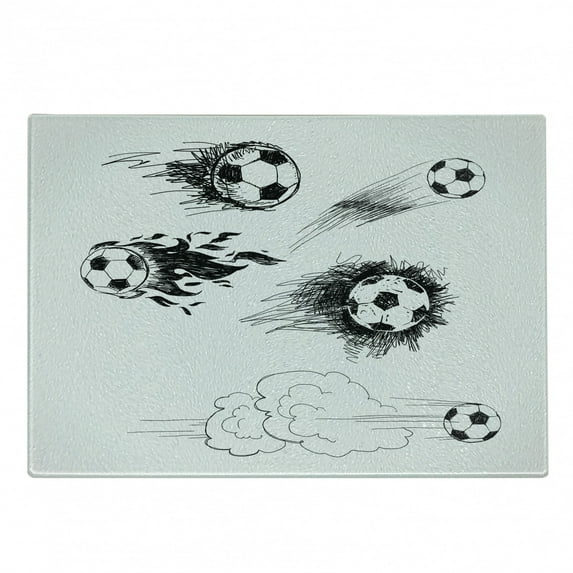 Soccer Cutting Board, Various Round Soccer Balls in Air Fast Kick Shoot in Kickoff Space Art Sketch, Decorative Tempered Glass Cutting and Serving Board, Small Size, White and Black, by Ambesonne