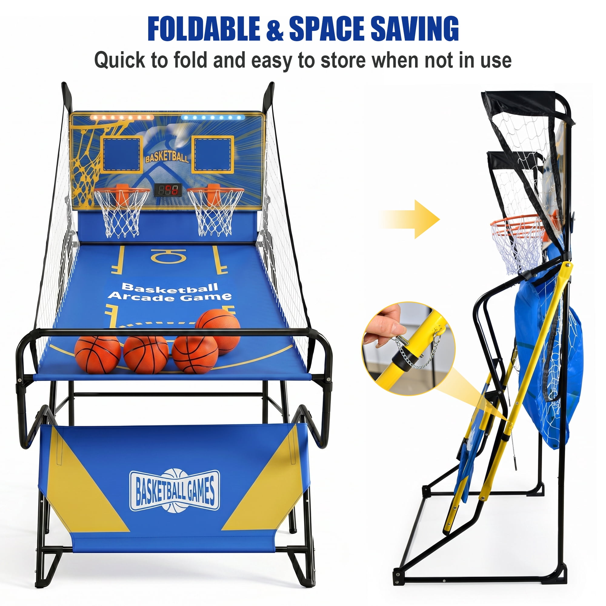Foldable Dual Shot Basketball Arcade Game with LED Electronic Scorer, 4 Mini Basketballs & Hand Pump Included, Two-Player Indoor Shooting Game for Kids Teens Family Game Night