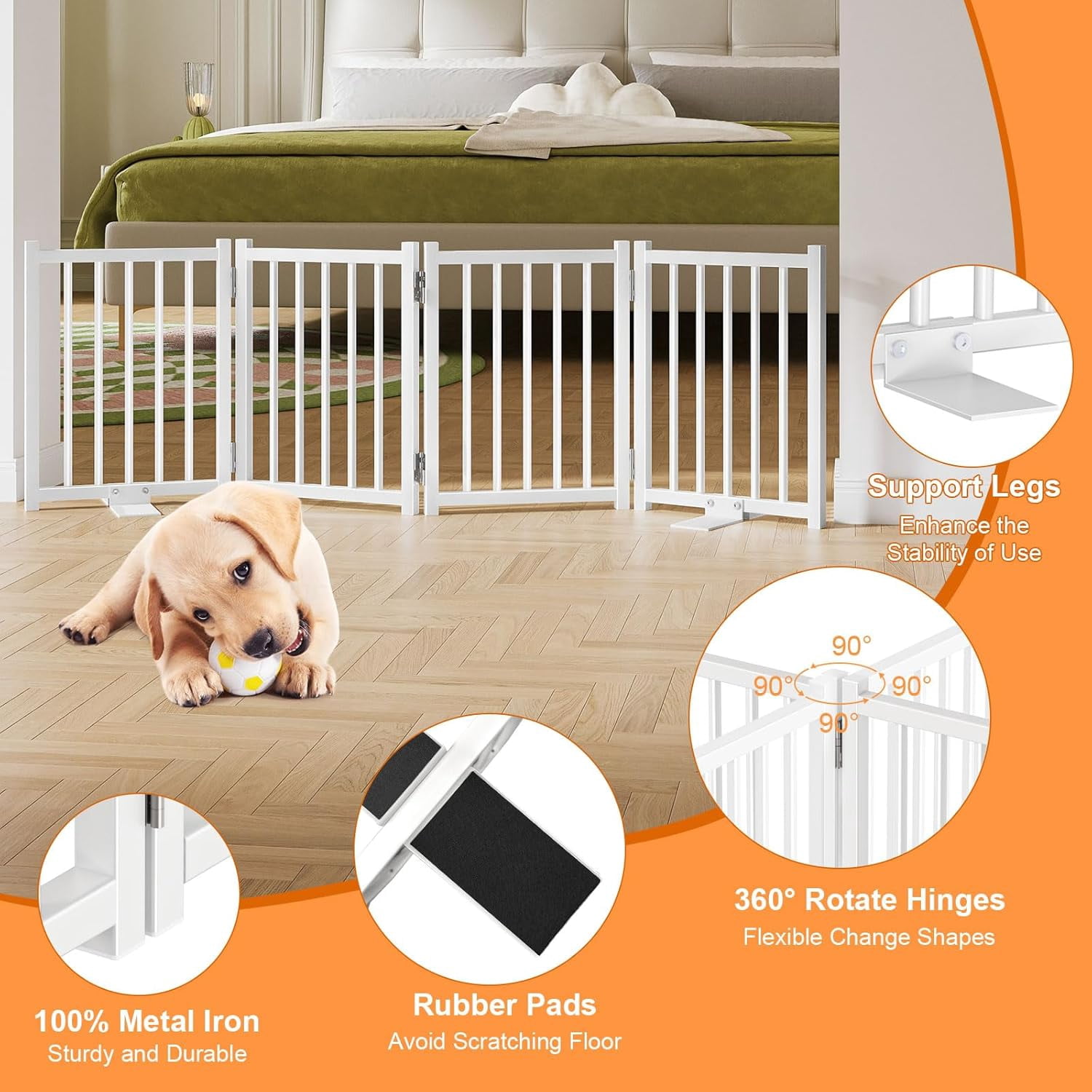 2 Pack Short Dog Gate Indoor, 16" High Freestanding Small Dog Gates with Support Feet, Expand Up to 48’’Wide Foldable Pet Gate for Doorway, 8 Panel Pet Door Pet Fence for Puppy, White