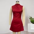 thumbnail image 6 of Staron Women's Mock Neck Sleeveless Ruched Waist A-Line Mini Dress Cocktail Party Casual Elegant Solid Color Flare Dress, Red XS, 6 of 7