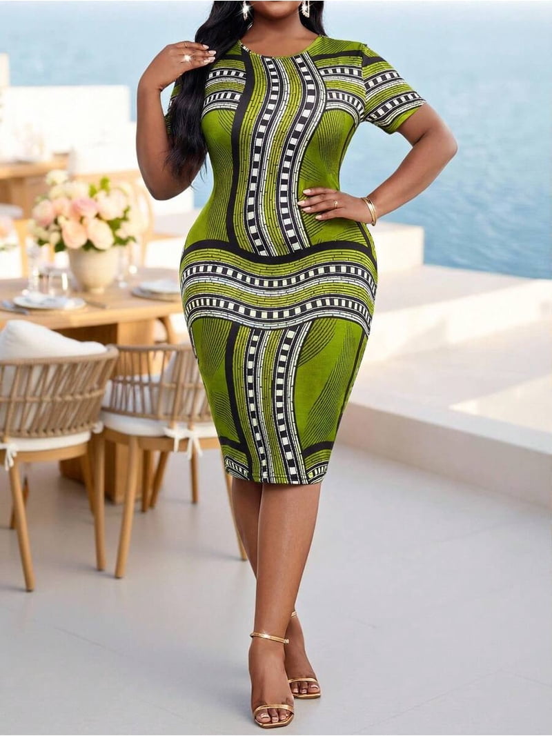 bodycon african print dress Green Midi With Short Sleeves And Round Neck For Women Rose_Gold size:52 Store closed Ankara short events etc Made with