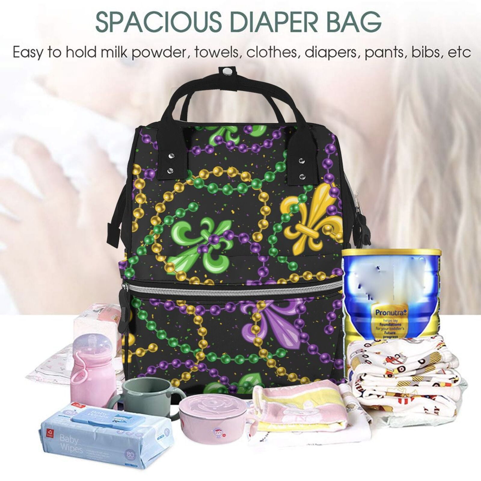 Ratiio Mardi Gras6 Mummy Backpack - Waterproof Twill Canvas, Large Capacity Diaper Bag with Multiple Pockets and Adjustable Straps