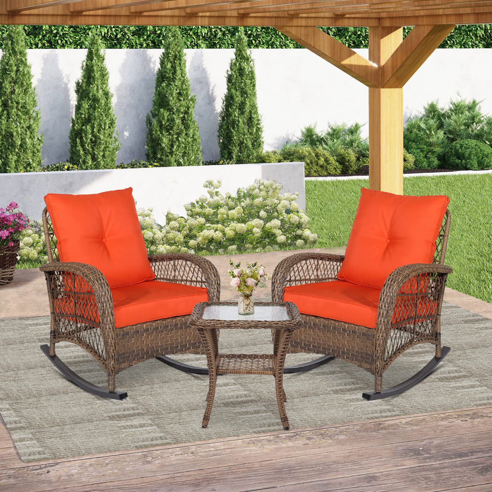 SOCIALCOMFY 3-Piece Outdoor Wicker Rocking Chair Set, Patio Bistro Conversation Sets with Cushions and Glass-Top Coffee Table, Rattan Furniture Sets for Porch & Backyard, Orange - image 5 of 7