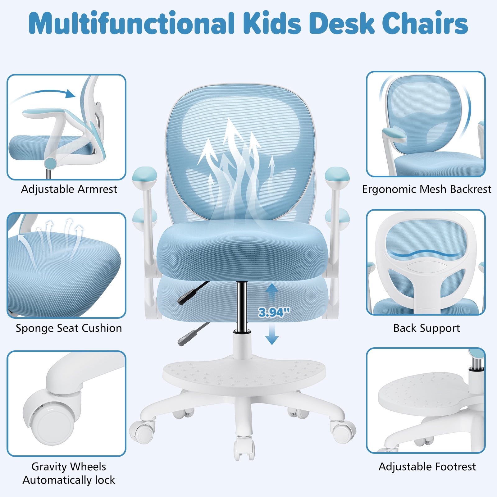 Hoffree Kids Desk Chair with Flipped Arms Wheels Ergonomic Study Chair with Footrest Adjustable Height Rolling Desk Chair for Teens Boys Girls in Study Room Blue