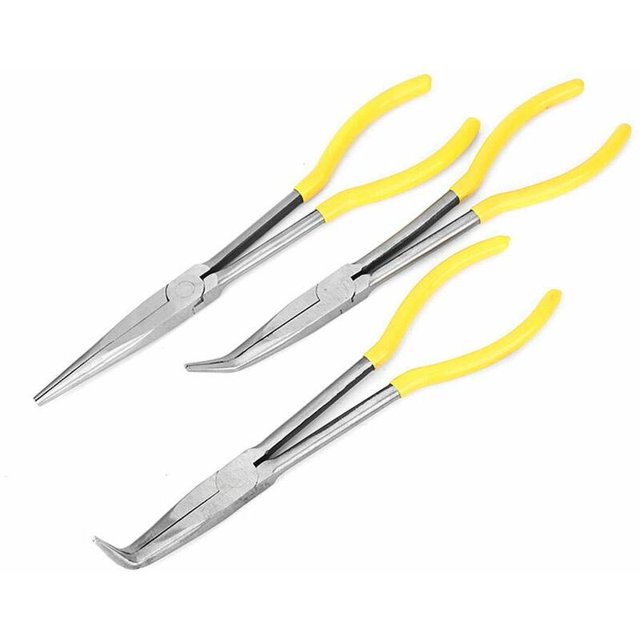 Alicates de punta larga de acero al carbono de 3 piezas Alicates extra largos con punta recta en ángulo para electricistas Juego de herramientas para manualidades