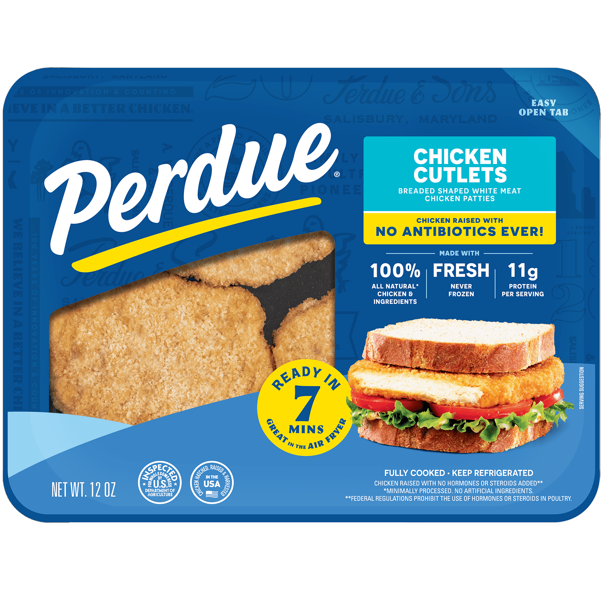 Perdue, No Antibiotics Ever, Refrigerated Breaded Chicken Breast Cutlet Patties, 12 oz. Tray