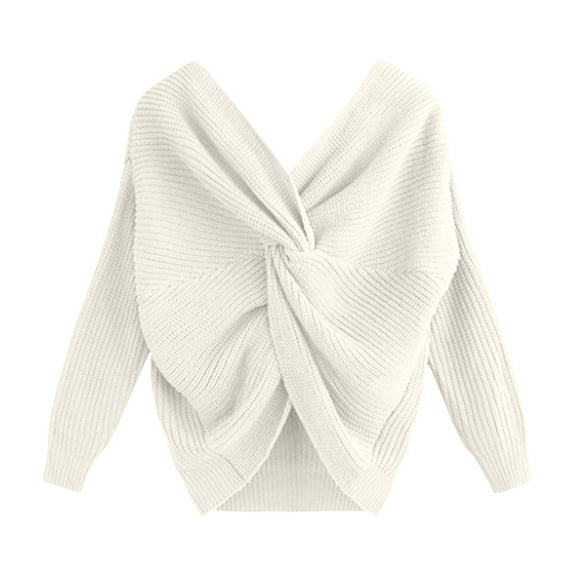 UAMVSH Women's Twist Fashion Sweaters Tops Trendy Long Sleeve Cross Backless V-Neck Pullover Going out Casual Knitted Sweaters(Free Size,White)