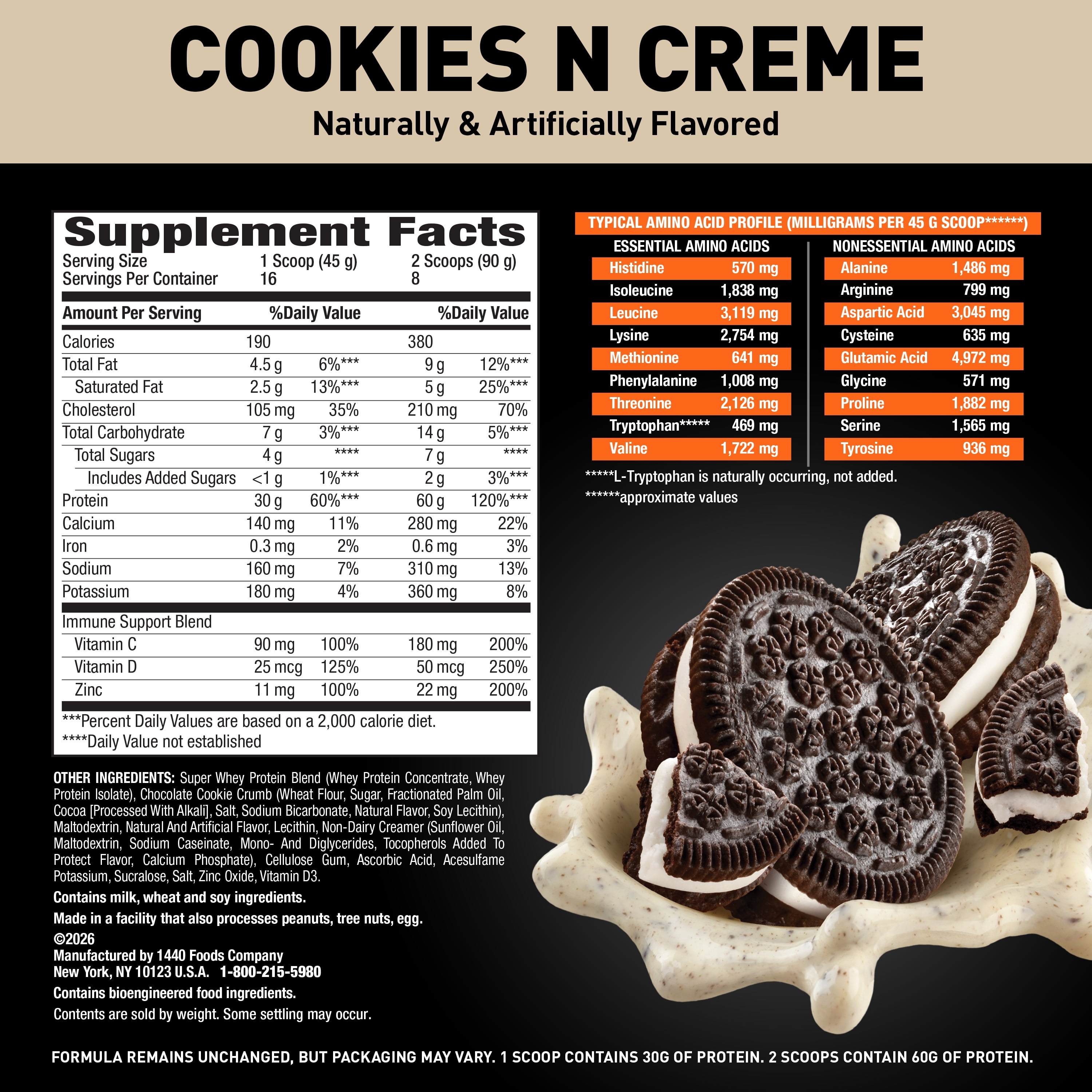 Body Fortress Super Advanced 100% Premium Whey Protein Powder, Cookies & Cream, 60g Protein, Immune Support , Vitamins C & D Plus Zinc, 1.59 lbs