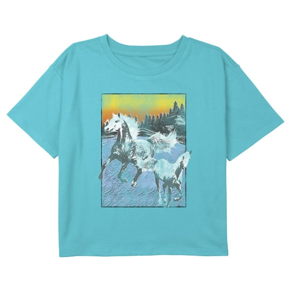 Girl's Lost Gods Distressed Horse Sunset Landscape Graphic Cropped T-Shirt Blue X Large