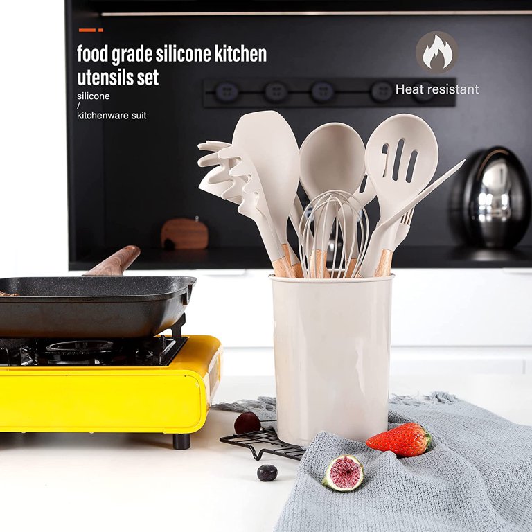 19-Piece Silicone Kitchen Utensil Set With Wooden Handles & Holder - Heat Resistant, BPA Free