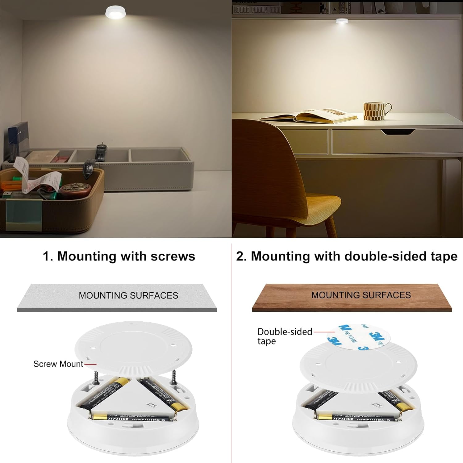 JJEAN-Wireless LED Puck Lights, Touch Activated Tap Ligh Push Light, Battery Operated Stick On Lights for Under Cabinet, Kitchen, Closet & Counters, 6-Pack, White