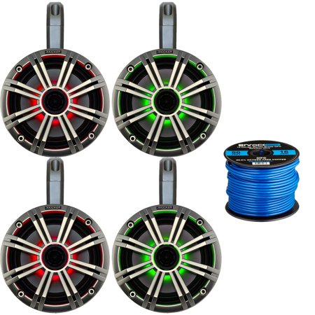 2 Pairs (4 Speakers) of Kicker 6.5" OEM Replacement 195W Coaxial 2-Way MultiColor LED Speakers (Silver Grilles) with Weather-Proof Black Tower Enclosures, 16-Gauge Speaker Wire
