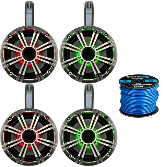 2 Pairs (4 Speakers) of Kicker 6.5" OEM Replacement 195W Coaxial 2-Way MultiColor LED Speakers (Silver Grilles) with Weather-Proof Black Tower Enclosures, 16-Gauge Speaker Wire