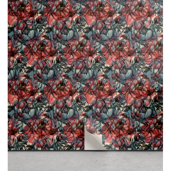 Ambesonne Floral Peel & Stick Wallpaper for Home, Peonies Branches Scenery, 13"x36", Dark Coral Teal and Blue