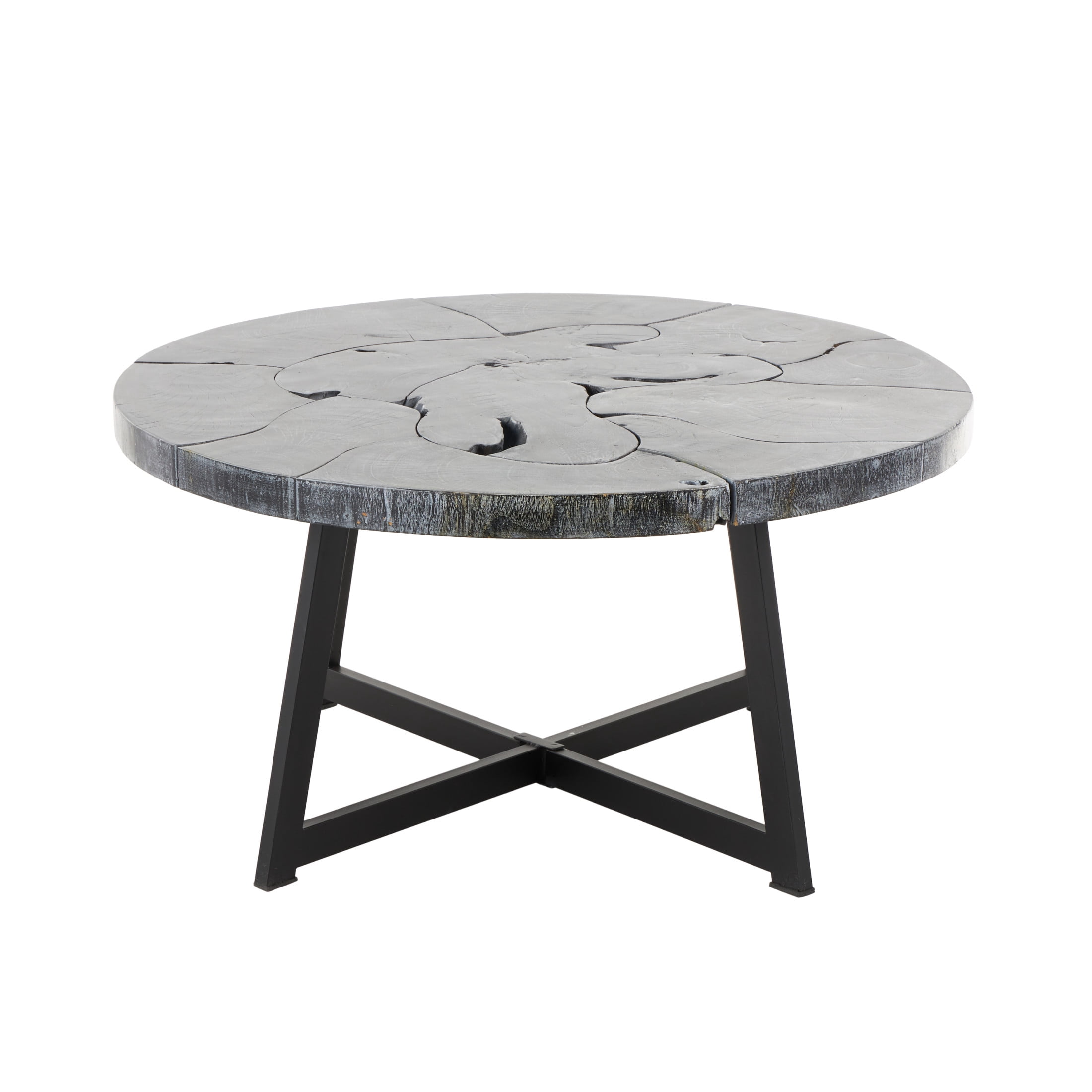 DecMode 35" x 18" Black Teak Wood Handmade Live Edge Geometric Coffee Table with Black Metal Base, 1-Piece