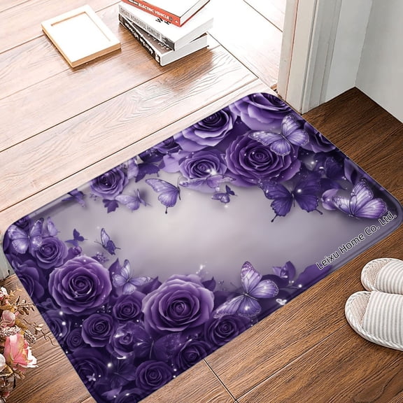 FJPT Non Slip Flannel Polyester Floor Mat Purple Roses And Butterflies Design For Bathroom Kitchen Bedroom Decor 16x24 inch