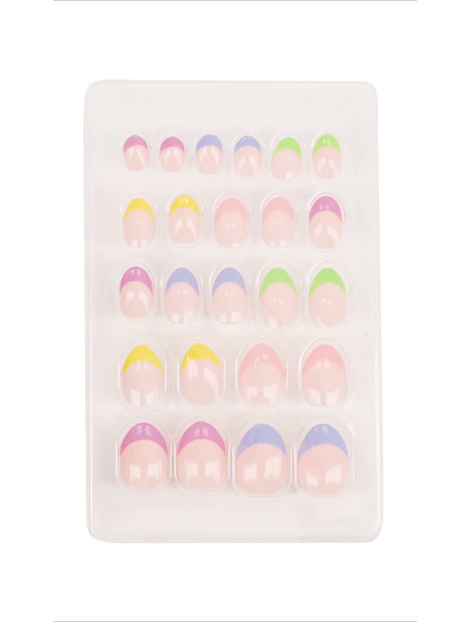 Claire's Tween Girls French Tip Pastel Rainbow Almond Shaped Press-on Nails, 24-Pack