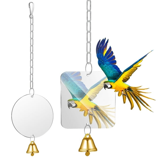 SHISUYAN Durable Acrylic Bird Mirror with Bell for Cage Suitable for Small Medium Parrots 2 Pieces
