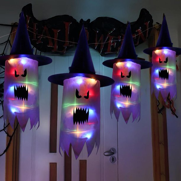 3uds. Sombreros de bruja LED para Halloween, calcetín de viento fantasma, adorno colgante para Cosplay (rosa)