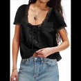 thumbnail image 2 of Blusa de Encaje con Lazo Frontal para Mujer, Transparente, de Corta, Cuello Redondo, Botones, Estilo Bohemio, con Volantes, Estilo Y2K Negro M, 2 of 8