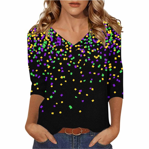 Womens Blouses Dressy Casual 3/4 Sleeve,Mardi Gras Shirts for Women 3/4 Sleeve Sequin V Neck Mardi Gras Outfits Summer Graphic Holiday Carnival Shirt