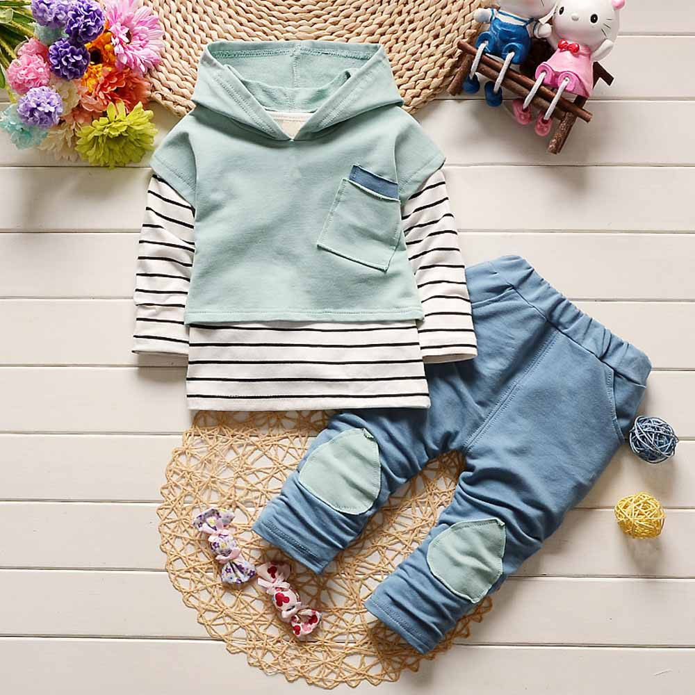 Wondere 1-3 Years Old Baby Boy Girls Toddler Cotton Autumn-Winter Hooded Stripe T-Shirt Tops+Pants Outfits Clothes Set
