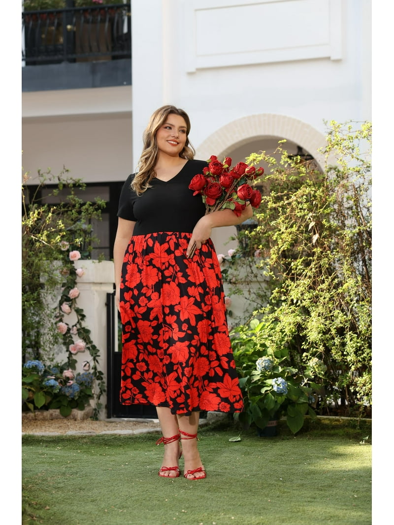 strapless open back dress Smocked Jersey Shirt Dress-Merida Red, Decorative Blossom main image 0