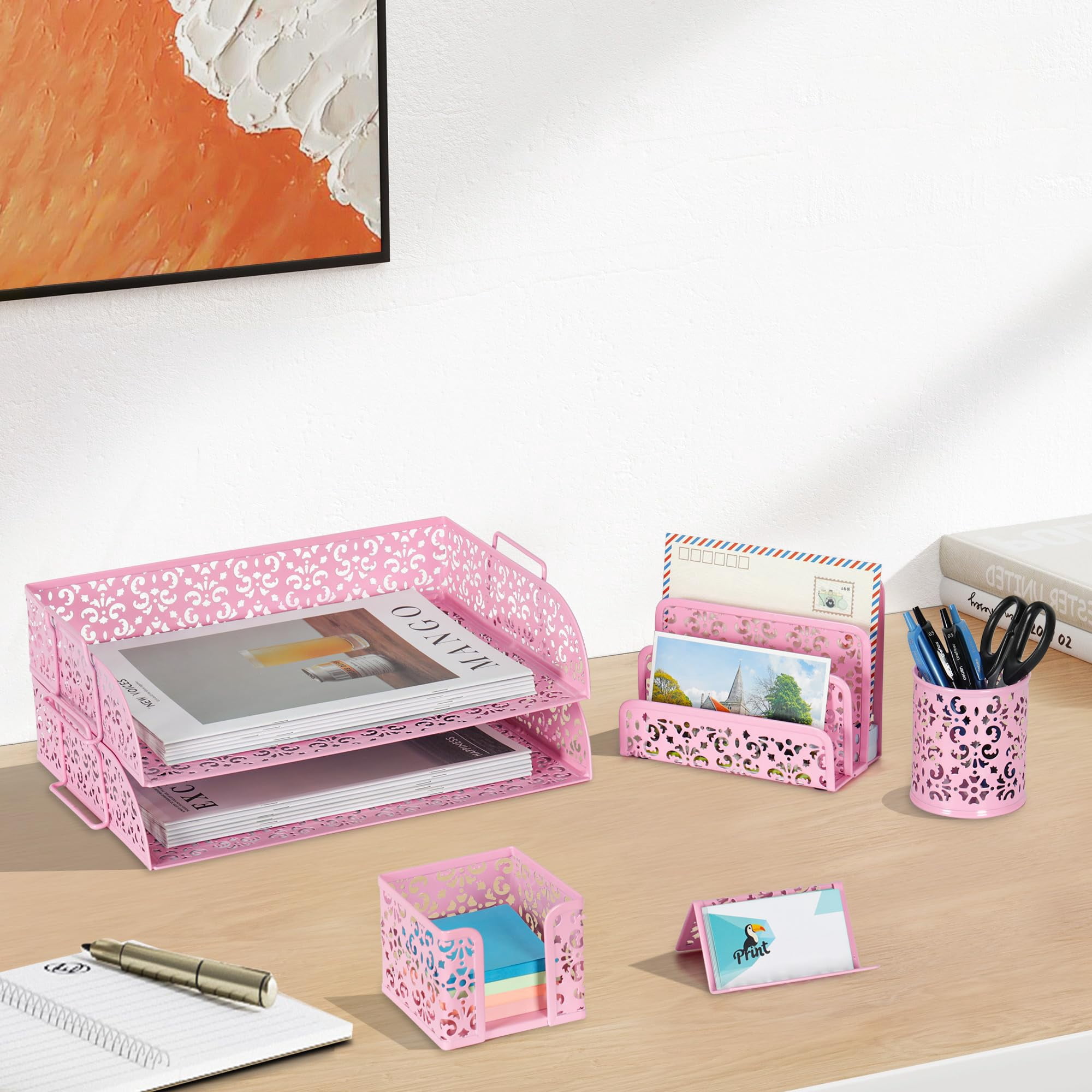 Desk Organizers And Accessories 5 Pieces Office Supplies Set - 2 Tier Paper Tray  Pencil Organizer For Mail Sorter Countertop Business Card Holder Sticky Note Pink