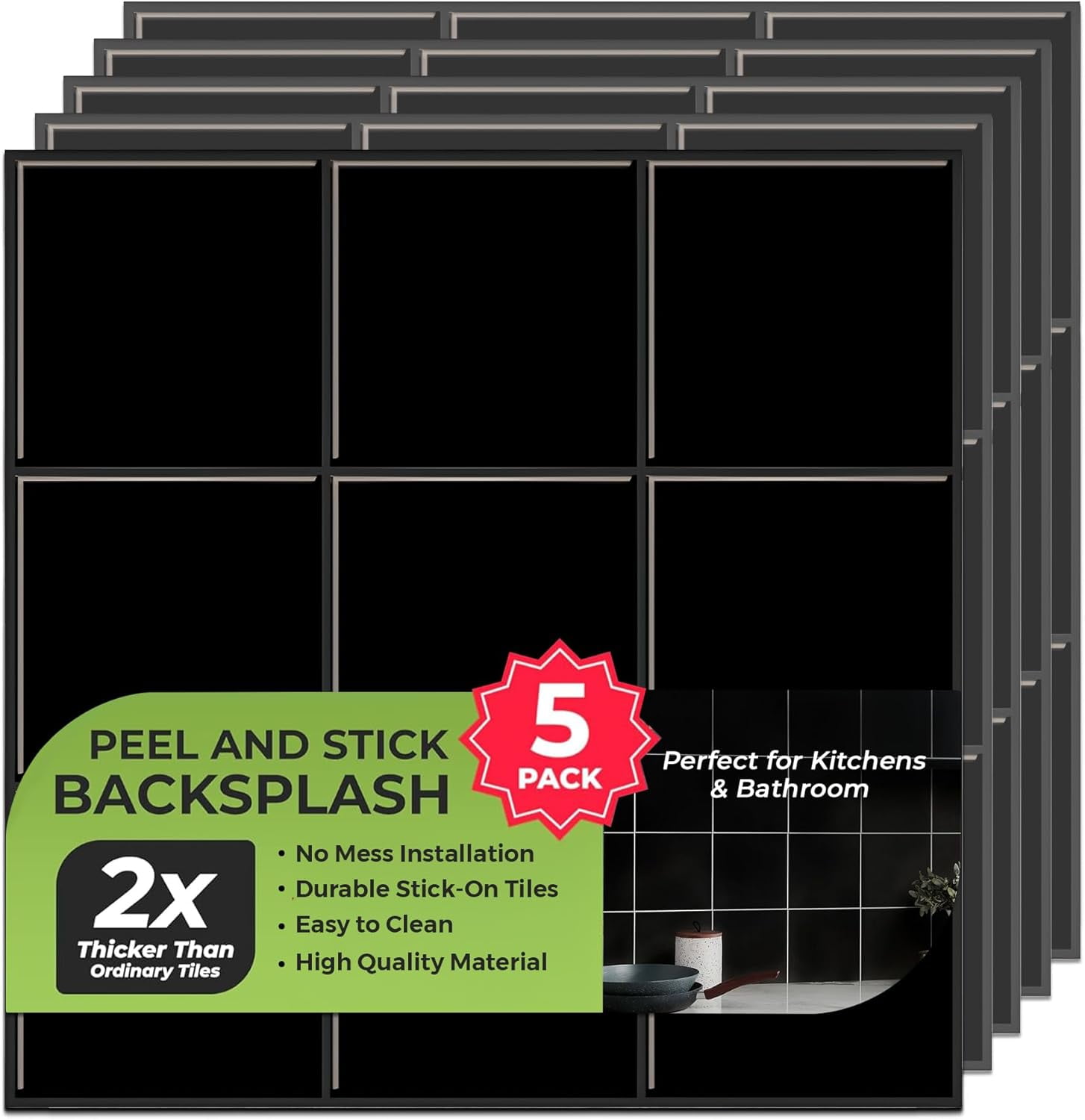 Select 5 Pack Peel and Stick Backsplash Square Tiles, Extra Thick 3D Wall Panels, Heat & Water Resistant, Easy DIY Kitchen, Bathroom, Laundry, Fireplace & Rental Home Wall Décor (12 x 12 in), Black