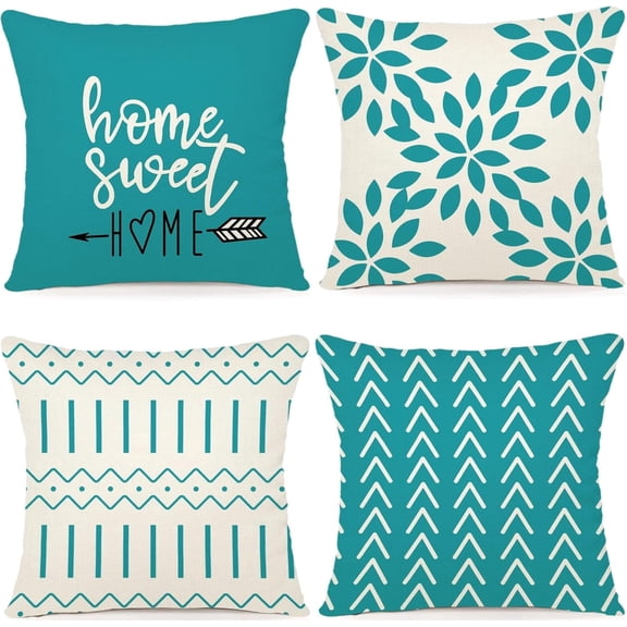 Pillow Covers 20x20 Set of 4, Modern Sofa Throw Pillow Cover, Decorative Outdoor Linen Fabric Pillow Case for Couch Bed Car, Aqua Blue