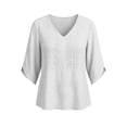 thumbnail image 4 of thefmos Women's V Neck Embroidered Blouse 3/4 Sleeve Loose Fit Solid Color Casual Pullover Fashion Spring Fall Outfit, White S, 4 of 9