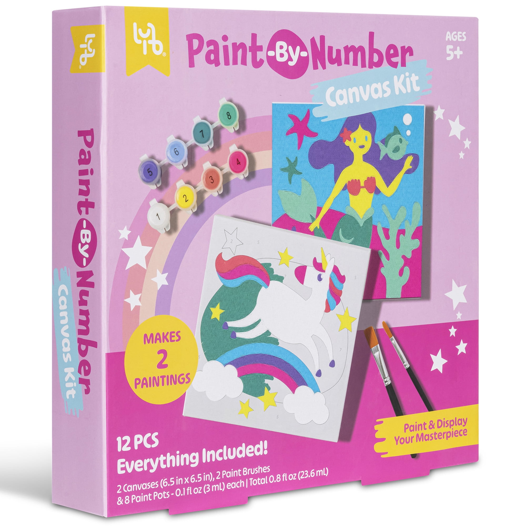 Little Yellow Bicycle: Unicorn & Mermaid Paint-By-Number Canvas Kit - All-In-1 Art Set, Magical Paintings, 8 Non-Toxic Paint Pots, 2 Brushes, Kids 5+