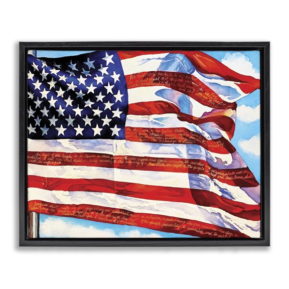 Stupell Industries Farmhouse Windblown American Flag Black Floating Frame Canvas Art, 31 x 25, by Julia McGrath