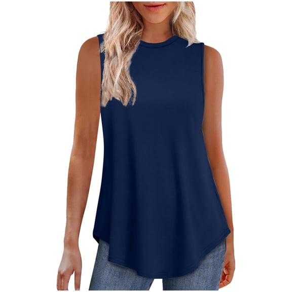 Crew Neck Tank Top for Women Casual Loose Solid Color Sleeveless T Shirts