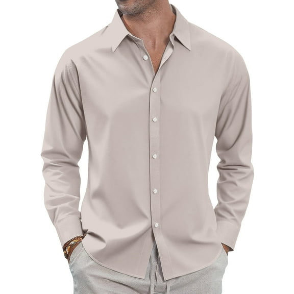 WTOBBY Men's Loose-Fitting Casual Button-Down Long Sleeve Shirt in Solid Color, Versatile and Comfortable for Everyday and Business Wear,Beige L