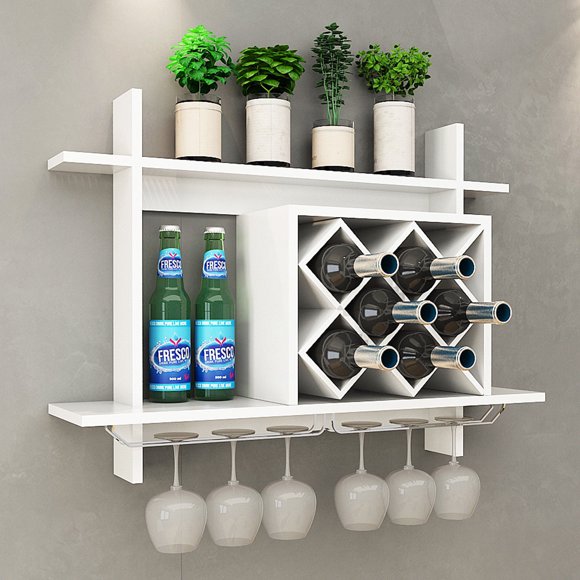 Gymax Wall-Mounted Wine Rack with Glass Holder & Storage Shelf Organizer in White